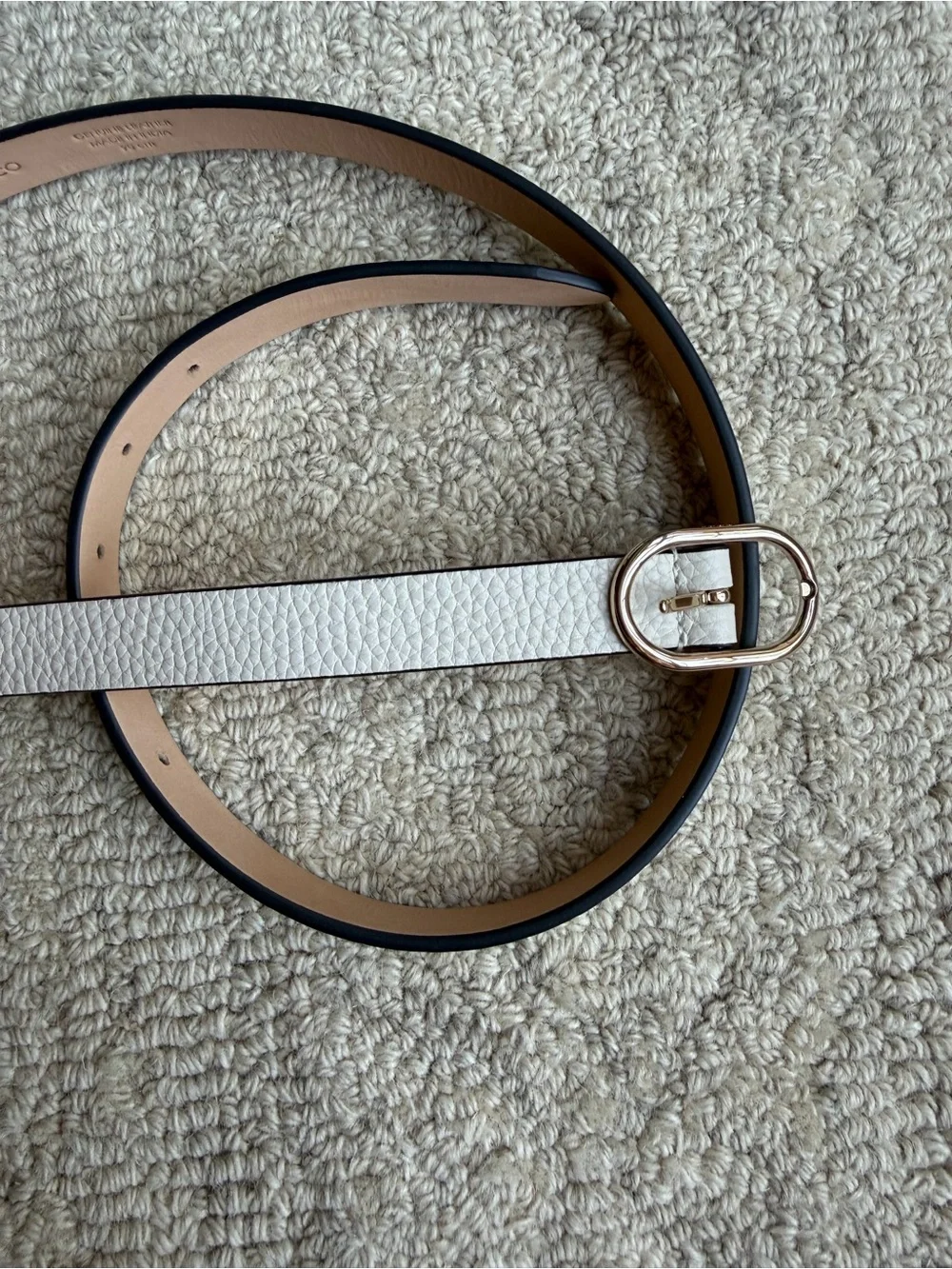 Women's Ecco White Pebbled Leather Belt with Gold Buckle